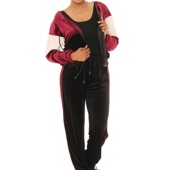 Color Block Pocket Velvet Hoodie & Drawstring Joggers - Picture 3 of 6